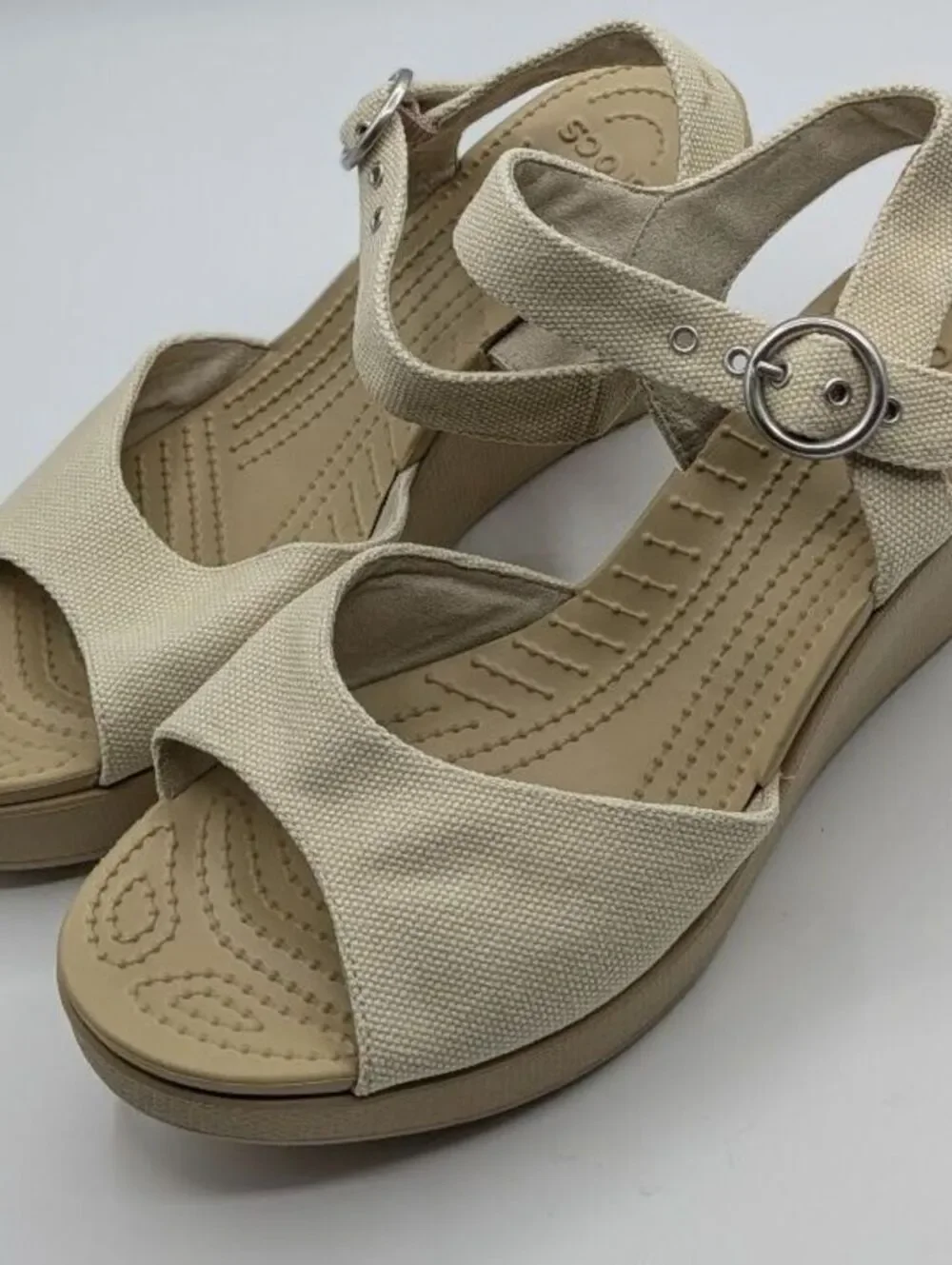 Crocs Size 9 $70 Beige Canvas Ankle Strap Platform Wedge Sandals Comfort Casual